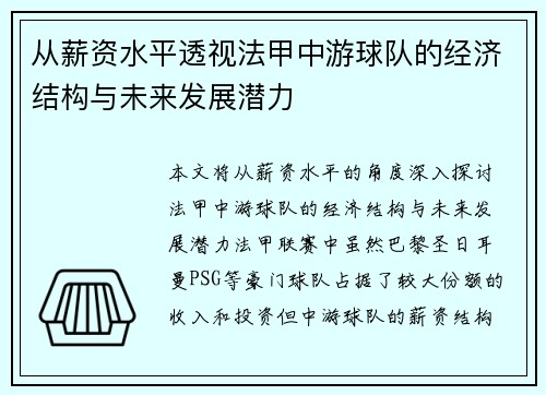 从薪资水平透视法甲中游球队的经济结构与未来发展潜力