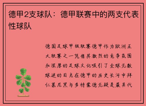 德甲2支球队：德甲联赛中的两支代表性球队
