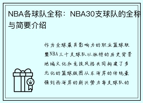 NBA各球队全称：NBA30支球队的全称与简要介绍