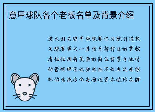 意甲球队各个老板名单及背景介绍